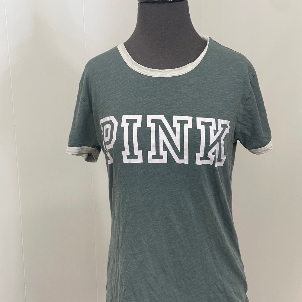 Victoria’s Secret PINK Women’s Ringer T-Shirt Green White Logo Tee Size Small